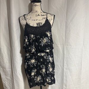 Torrid Black Blouse with Blue and Cream Floral Design